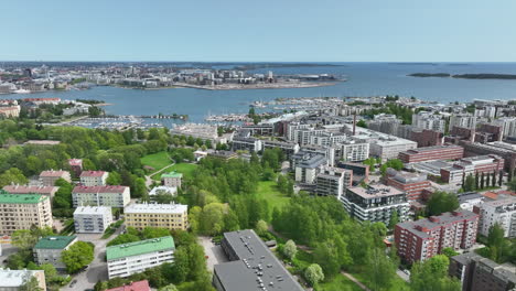Aerial-view-over-Lauttasari,-toward-Jatkasaari,-summer-in-Helsinki,-Finland