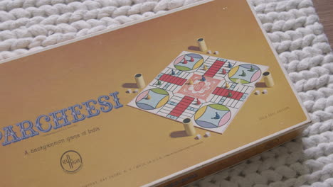 Close-up-Pan-of-a-Parcheesi-Game-Box