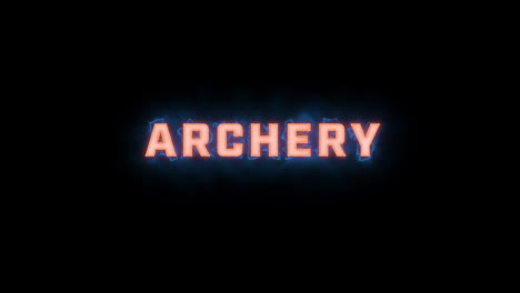 A-short-high-quality-motion-graphic-typographic-reveal-of-the-words-"archery"-with-various-colour-options-on-a-black-background,-animated-in-and-animated-out-with-electric,-misty-elements