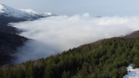 Aerial-view-of-beautiful-mountainside-trees-slopes-covered-in-floating-clouds-snow-covered-mountain-peak-at-the-distance-day