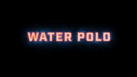 A-short-high-quality-motion-graphic-typographic-reveal-of-the-words-"water-polo"-with-various-colour-options-on-a-black-background,-animated-in-and-animated-out-with-electric,-misty-elements
