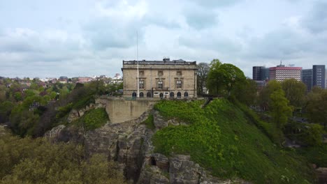 Wide-angle-drone-shot-Nottingham-Castle-or-Ducal-Mansion-historic-landmark-in-England