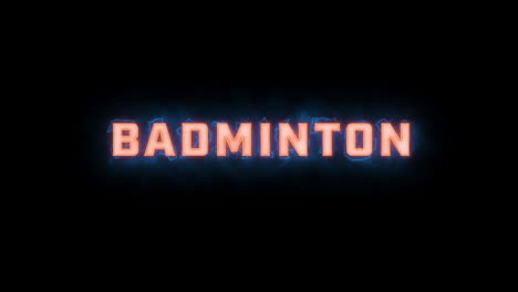 Eine-Kurze,-Hochwertige,-Typografische-Animation-Des-Wortes-„Badminton“-Mit-Verschiedenen-Farboptionen-Auf-Schwarzem-Hintergrund,-Ein--Und-Ausgeblendet-Mit-Elektrischen,-Nebligen-Elementen