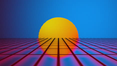 Orangefarbene-Sonne-Auf-Vaporwave-Perspektive,-Rotes-Gitter,-Retroblauer-Hintergrund,-3D-Animation-In-Endlosschleife