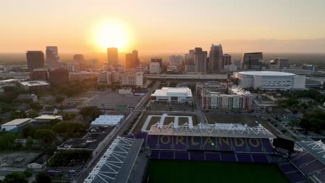 aerial-push-in-over-inter-and-co-stadium-in-orlando-florida-at-sunrise