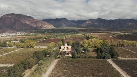 Vista-Aérea-De-Una-Bodega-En-El-Valle-De-Cafayate,-Famosa-Por-Sus-Vinos-Torrontés-De-Altura.