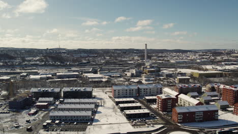 Kviberg-Cityscape-with-Apartment-Buildings-at-Winter,-Gothenburg,-Sweden,-Aerial