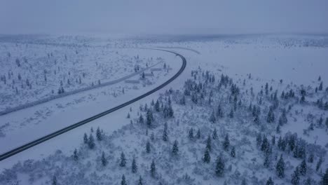 Drone-following-the-road-between-Inari-and-Saariselkä,-foggy-winter-day-in-Lapland,-Finland