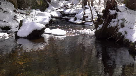 Agua-Clara-Y-Cristalina-Fluye-A-Cámara-Lenta-Entre-Bancos-Cubiertos-De-Nieve