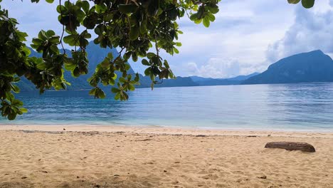 Deserted-Sandy-Beach-and-Tree-Shade-on-Exotic-Tropical-Island,-Panorama