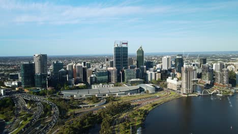 Panoramic-Aerial-View-Of-Elizabeth-Quay-With-High-Rise-Buildings-In-The-Esplanade,-Perth-Western-Australia