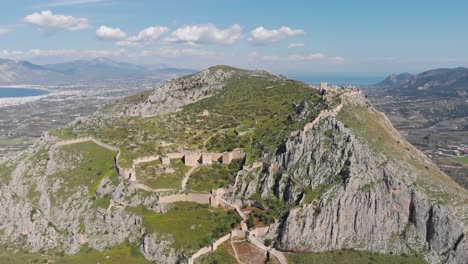 Aerial-View-Of-Fortified-Citadel-Over-Acrocorinth-Rock-Mountains-Near-Corinth-In-Southern-Greece