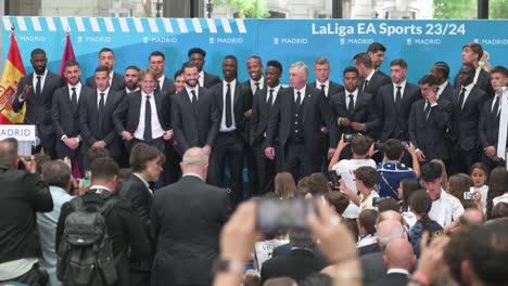 The-Real-Madrid-professional-football-team-and-players-are-seen-during-a-reception-celebrating-their-36th-Spanish-football-league-La-Liga-title-in-Madrid,-Spain