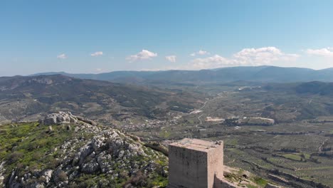 Flyover-Fortress-Castle-On-The-Cliff-Acrocorinth-Overlooking-Ancient-City-of-Corinth,-Greece