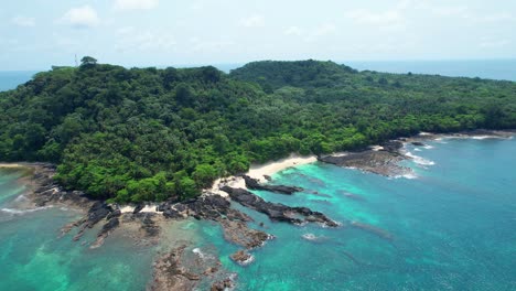 Aerial-circular-view-from-ilheu-das-rolas-an-island-at-south-of-Sao-Tome,Africa