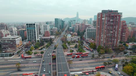 Aerial-Drone-Fly-Apoquindo-Avenue-Santiago-de-Chile-Downtown-Cordillera-Skyline-background