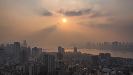 Aerial-scenery-of-modern-city-skyline,-commercial-office-buildings-in-financial-district-at-sunrise-time,-Residential-Apartment-Home