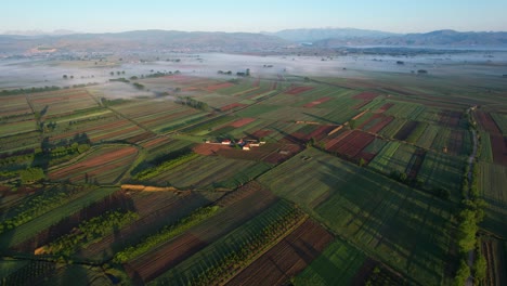 Small-Farmer's-Village-Embraced-by-Colorful-Agricultural-Parcels,-Early-Sunlight-on-Cultivated-Fields