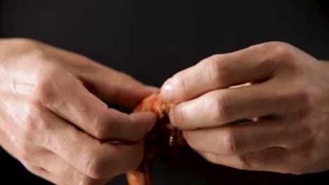 Close-up-of-hands-peeling-shrimp-against-a-dark-background,-highlighting-texture-and-detail