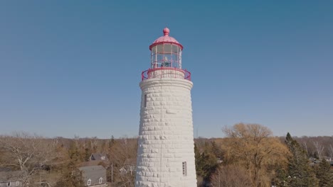 White-lighthouse-with-a-red-top-standing-against-a-clear-blue-sky,-trees-visible-at-the-base