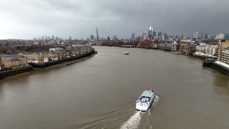 Tourist-boat-on-river-Thames-drone,aerial--London-UK