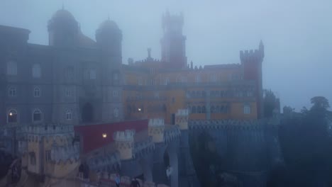 Colorful-Royal-Pena-Palace-in-Sintra,-Portugal:-Foggy-Misty-Day