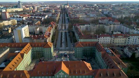 Aerial-View-Of-Town-Hall-Building-In-Szczecin-City,-Poland---Drone-Shot