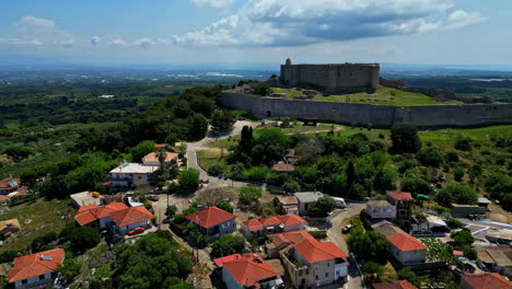 Aerial-View-of-Chlemoutsi,-Frankish-Medieval-Castle-on-Hilltop-Above-Kastro-Kyllini-Municipality,-Greece
