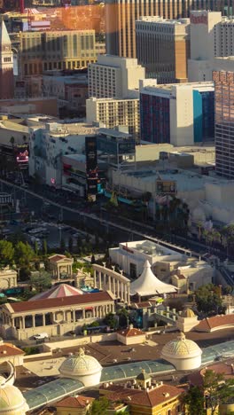 Vertical-4k-Timelapse-Hyperlapse,-Sunny-Morning-on-Las-Vegas-Strip,-Traffic-and-Buildings,-Nevada-USA