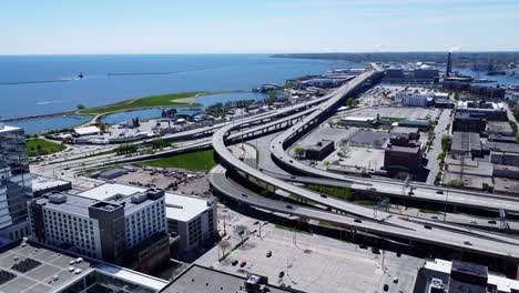 Aerial-Establishing-Shot-Of-The-Marquette-Interchange-In-Downtown-Milwaukee