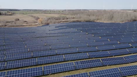 Vasto-Campo-De-Paneles-Solares-Bajo-Un-Cielo-Despejado-Con-Turbinas-Eólicas-En-El-Fondo,-Un-Amplio-Paisaje-Verde