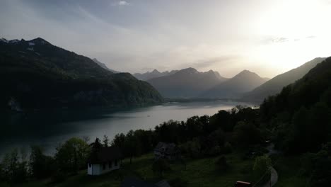 Lake-Walensee-establish-cinematic-aerial-view-Switzerland-Churfirsten-Mountain-Peak