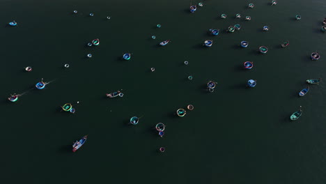 Traditional-Basket-Boats-Used-By-Local-Fisherman-In-Southeast-Asia,-Vietnam