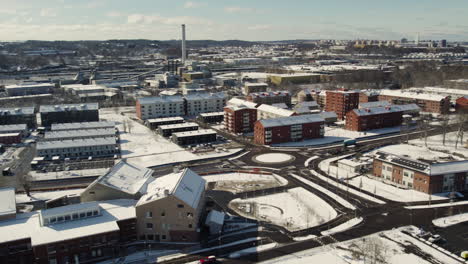 Winter-Cityscape-of-Kviberg-Residential-Area,-Gothenburg,-Sweden:-Aerial-View