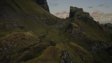 Ascending-flight-toward-an-elevated-ridge-on-the-Quiraing-Walk,-Isle-of-Skye,-Scotland