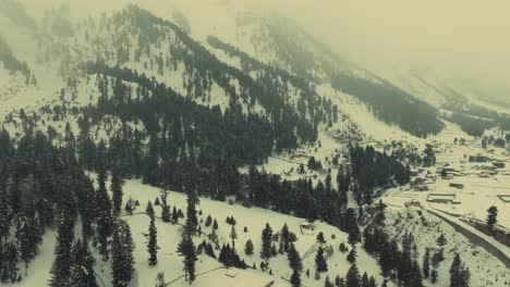 Aerial-View-Of-Snow-Covered-Naltar-Valley-Landscape-With-Trees-On-Hillside