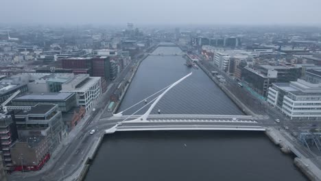 Aerial-View-Of-Samuel-Beckett-Bridge-Cable-stayed-Swingbridge-In-Dublin,-Ireland