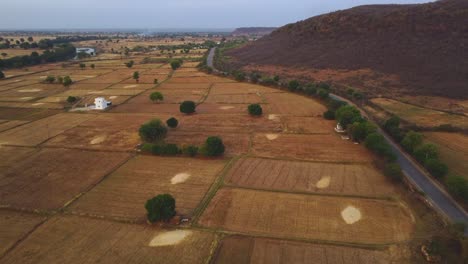 Luftaufnahme-Einer-Drohne-Von-Abgeernteten-Weizenfarmen-Während-Der-Abendzeit-In-Einem-Ländlichen-Dorf-In-Nordindien