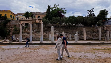 Slow-motion-shot-of-ruins-of-the-Eastern-Propylon-of-the-Roman-Forum-in-Athens,-Greece