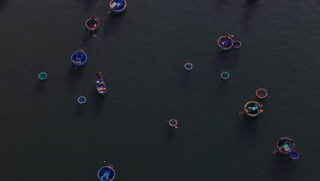 Round-Circular-Basket-Boats-Used-By-Local-Fishermen-In-Vietnam,-Southeast-Asia