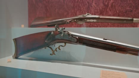 Antique-rifles-on-display-in-Trakoscan-Castle's-weapon-room,-Croatia-museum-exhibit