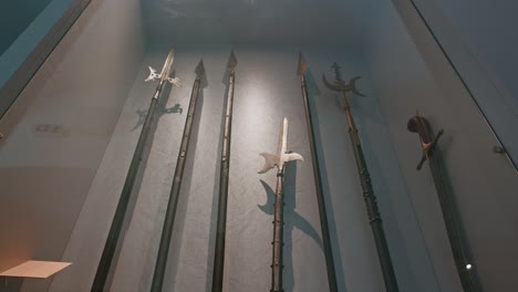 Medieval-polearms-on-display-in-the-weapon-room-of-Trakošćan-Castle,-Croatia