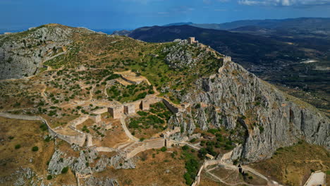 Acrocorinth-Byzantine-architecture-castle-ancient-Corinth,-Greece-aerial