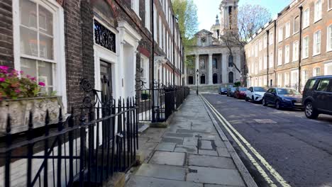 POV-Walking-Along-Lord-North-Street-Past-Georgian-Terraced-Housing-In-Westminster,-the-political-heartland-of-British-government
