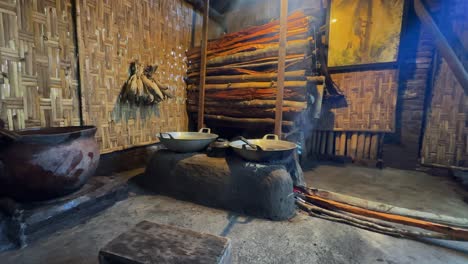 Old-historical-kitchen-with-burning-flame-and-pots-in-Indonesia,-motion-view