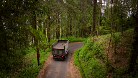 Ländliche-Waldlage,-Bergstraße-Befahren,-Lastkraftwagen-Gefahren