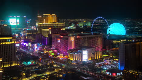 Time-Lapse,-Las-Vegas-Strip-at-Night,-Colorful-Flashy-Lights,-Traffic-and-Casino-Hotel-Buildings