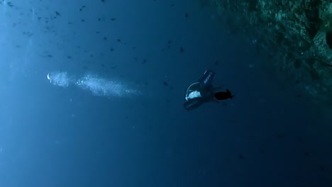 VERTICAL,-Solo-Scuba-Diver-Exploring-Reef-in-Deep-Blue,-Back-view-Follow-shot