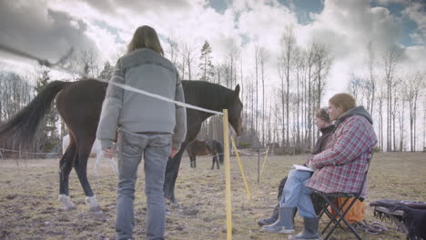 Participants-sit-next-to-horse-enclosure-during-equine-facilitated-therapy