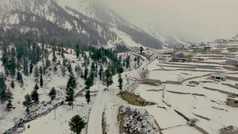 Vuelo-Aéreo-Sobre-Una-Aldea-Rural-Cubierta-De-Nieve-En-El-Valle-De-Naltar,-Gilgit